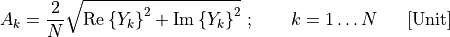 A_{k} = \frac{2}{N}\sqrt{\text{Re}\left\{ Y_{k} \right\}^{2} + \text{Im}\left\{ Y_{k} \right\}^{2}}\ ;\ \ \ \ \ \ k = 1\ldots N\ \ \ \ \ \lbrack\text{Unit}\rbrack