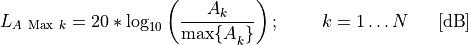 L_{A\ \text{Max}\ k} = 20*\log_{10}{\left( \frac{A_{k}}{{\max\{ A}_{k}\}} \right);\ \ \ \ \ \ \ k = 1\ldots N}\ \ \ \ \ \lbrack\text{dB}\rbrack