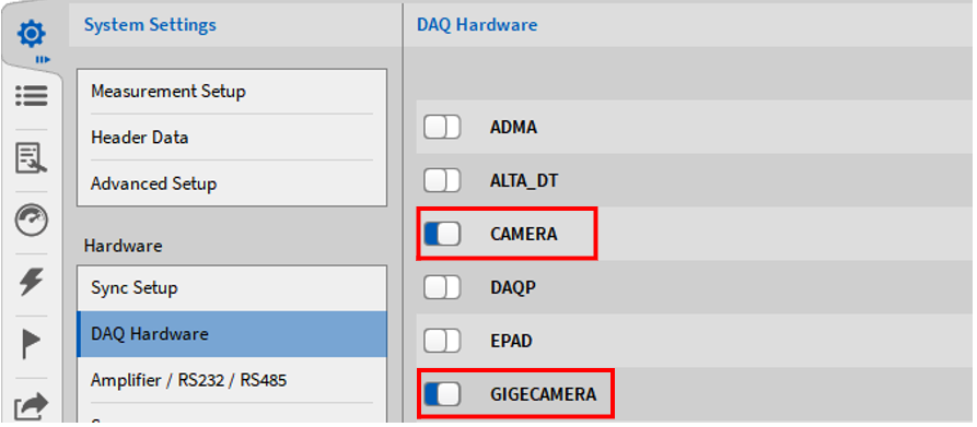 Aktivieren der Kamera und GigE-Kamera Serie in den DAQ Hardware Einstellungen