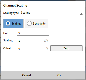 Pop-up window for changing the scaling and physical unit