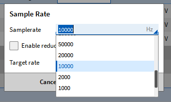 Selection of the sample rate of a TRION module with the drop-down list
