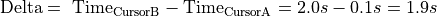 \text{Delta} = \ \text{Time}_{\text{CursorB}} - \text{Time}_{\text{CursorA}} = 2.0s - 0.1s = 1.9s