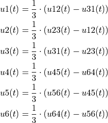 \begin{aligned}
u1(t) = \frac{1}{3} \cdot \left( u12(t) - u31(t) \right)\\
u2(t) = \frac{1}{3} \cdot \left( u23(t) - u12(t) \right)\\
u3(t) = \frac{1}{3} \cdot \left( u31(t) - u23(t) \right)\\
u4(t) = \frac{1}{3} \cdot \left( u45(t) - u64(t) \right)\\
u5(t) = \frac{1}{3} \cdot \left( u56(t) - u45(t) \right)\\
u6(t) = \frac{1}{3} \cdot \left( u64(t) - u56(t) \right)
\end{aligned}
