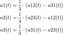 \begin{aligned}
u1(t) = \frac{1}{3} \cdot \left( u12(t) - u31(t) \right)\\
u2(t) = \frac{1}{3} \cdot \left( u23(t) - u12(t) \right)\\
u3(t) = \frac{1}{3} \cdot \left( u31(t) - u23(t) \right)
\end{aligned}