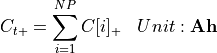 \begin{aligned}
C_{t+} &= \sum_{i=1}^{NP}  C[i]_{+} & Unit: \mathbf{Ah}
\end{aligned}